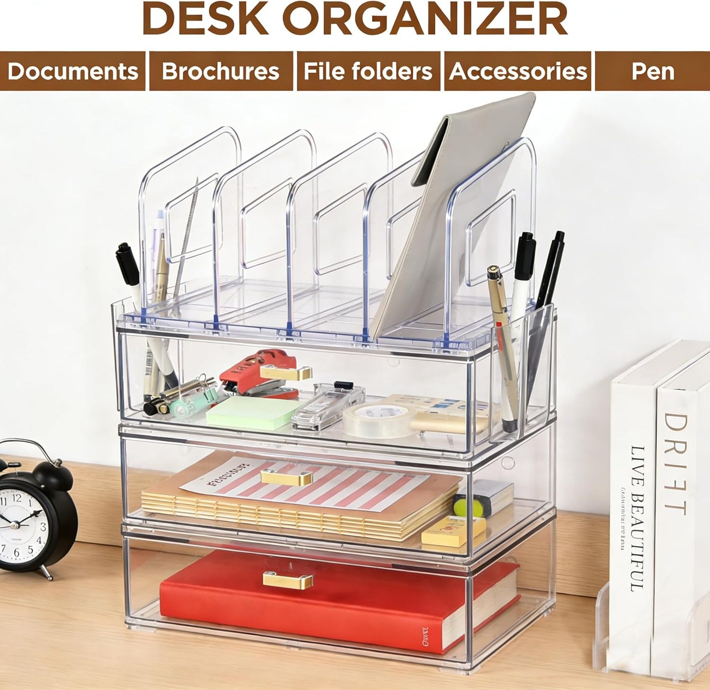 LALOBLUE Acrylic Desk Organizer with Drawer and Vertical File Holder, Desk Organizers and Accessories, Multi-Functional Office Supplies Organizer for Home or Work Desk, White