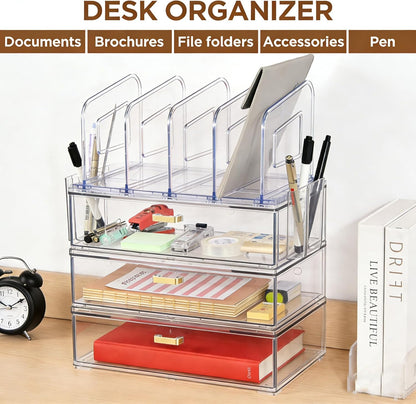 LALOBLUE Acrylic Desk Organizer with Drawer and Vertical File Holder, Desk Organizers and Accessories, Multi-Functional Office Supplies Organizer for Home or Work Desk, White
