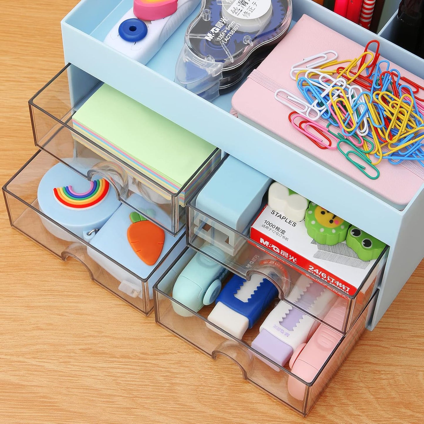LETURE Desktop Organizer with Drawer, Accessories Stationary Organizer Desk Caddy, Pen/Pencil/Business Card/Sticky Note Tray/Paperclip Holder Storage Box (White)