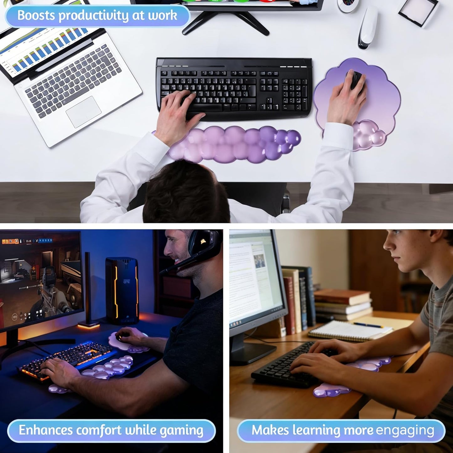 Gel Wrist Rest and Cloud Mouse Pad Support for Keyboard and Mouse - Ergonomic Pink Keyboard Wrist Pad Set for Typing Pain Relief/Computer/Laptop/Gaming/Home/Office (Cloud Shape, Gradient Blue Pink)