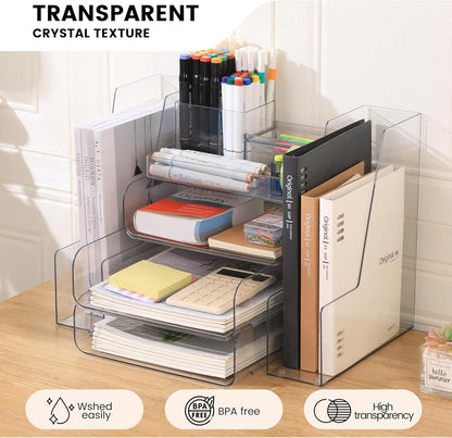 CiWiVOKi Desk Organizer with 2 Vertical File Holder, 4 Tier Stackable Paper Letter Tray File Organizer with 5-Compartments Pen Holder, Clear Desktop Organizer Office Organization and Storage