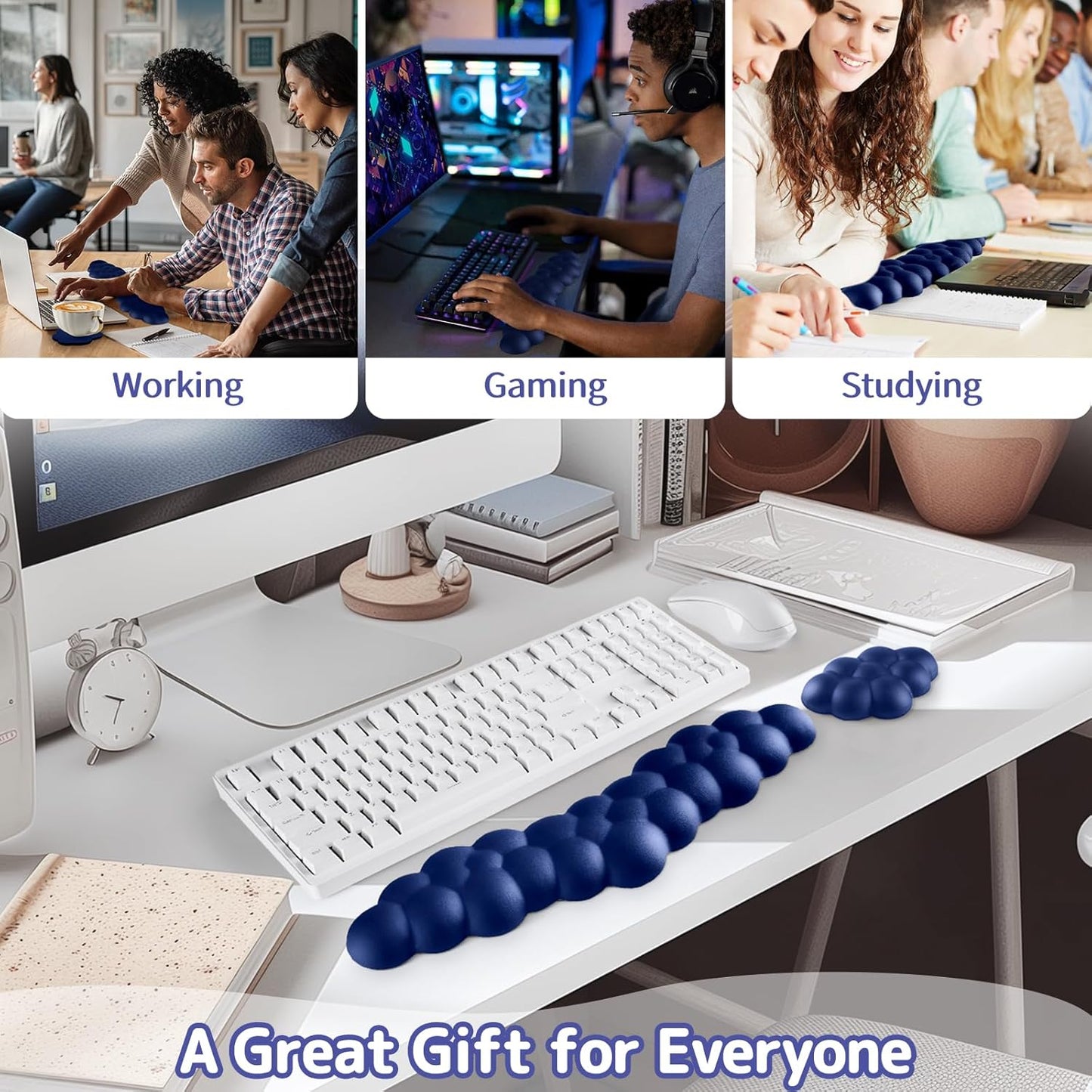 Sushret Cloud Wrist Rest for Keyboard and Mouse, Memory Foam PU Leather Keyboard Wrist Rest with Ergonomic Support, Non-Slip Base, Cute Arm Rest Pad & Palm Cushion, Office Desk Accessory, White