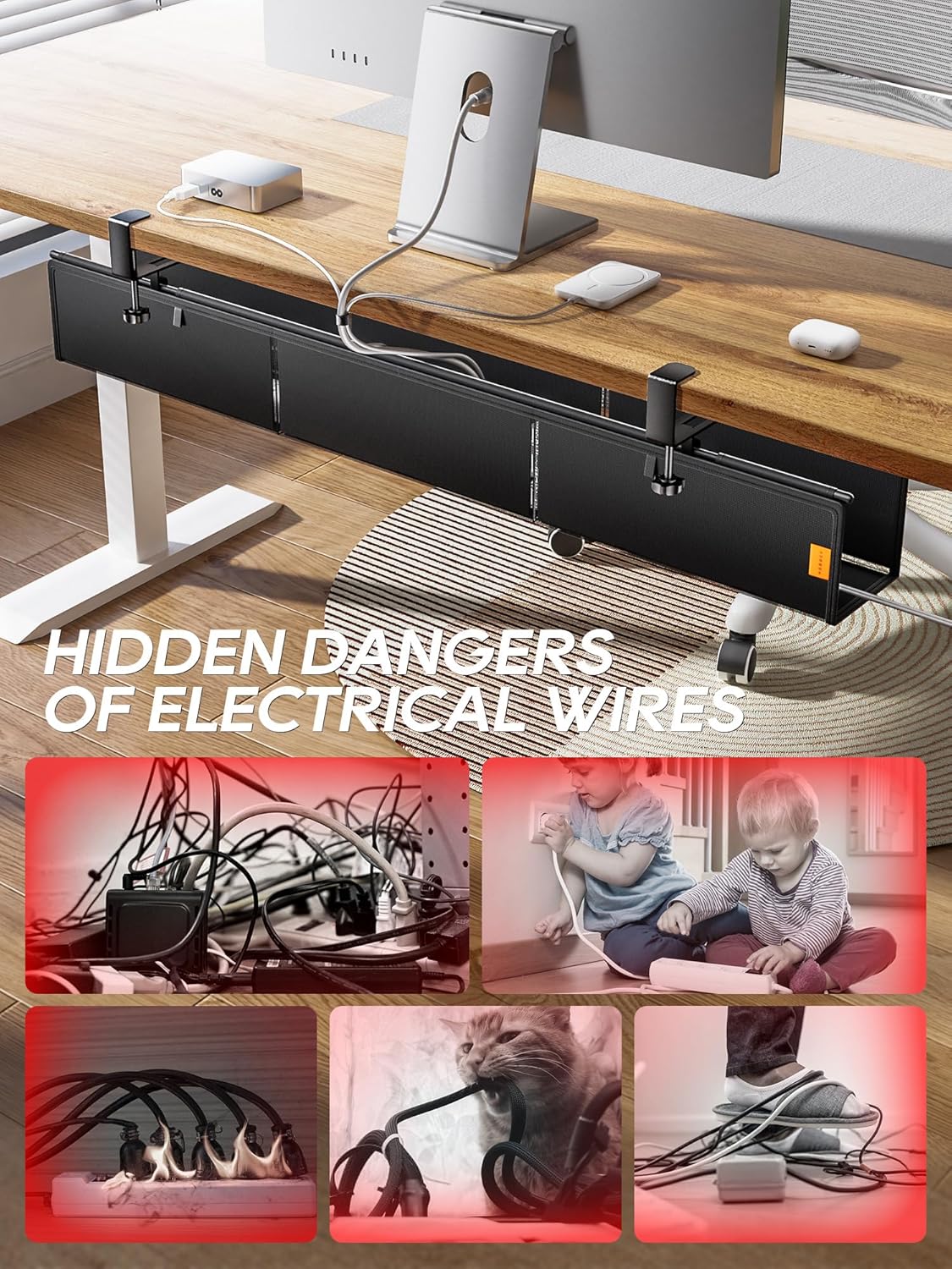 Under Desk Cable Management Tray No Drill, Cable Ties Included, Eco-Friendly Canvas Material, Mesh Design for Heat Dissipation, Cable Organizer/Storage for Standing Desk(27inch, Black)