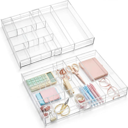 Briwooody 2 Pcs Acrylic Desk Drawer Organizer Maximum 12 x 18 x 2.1 Inch Expandable Drawer Organizer Trays with 8 Adjustable Compartments Desk Accessories for Makeup Silverware Office Bathroom
