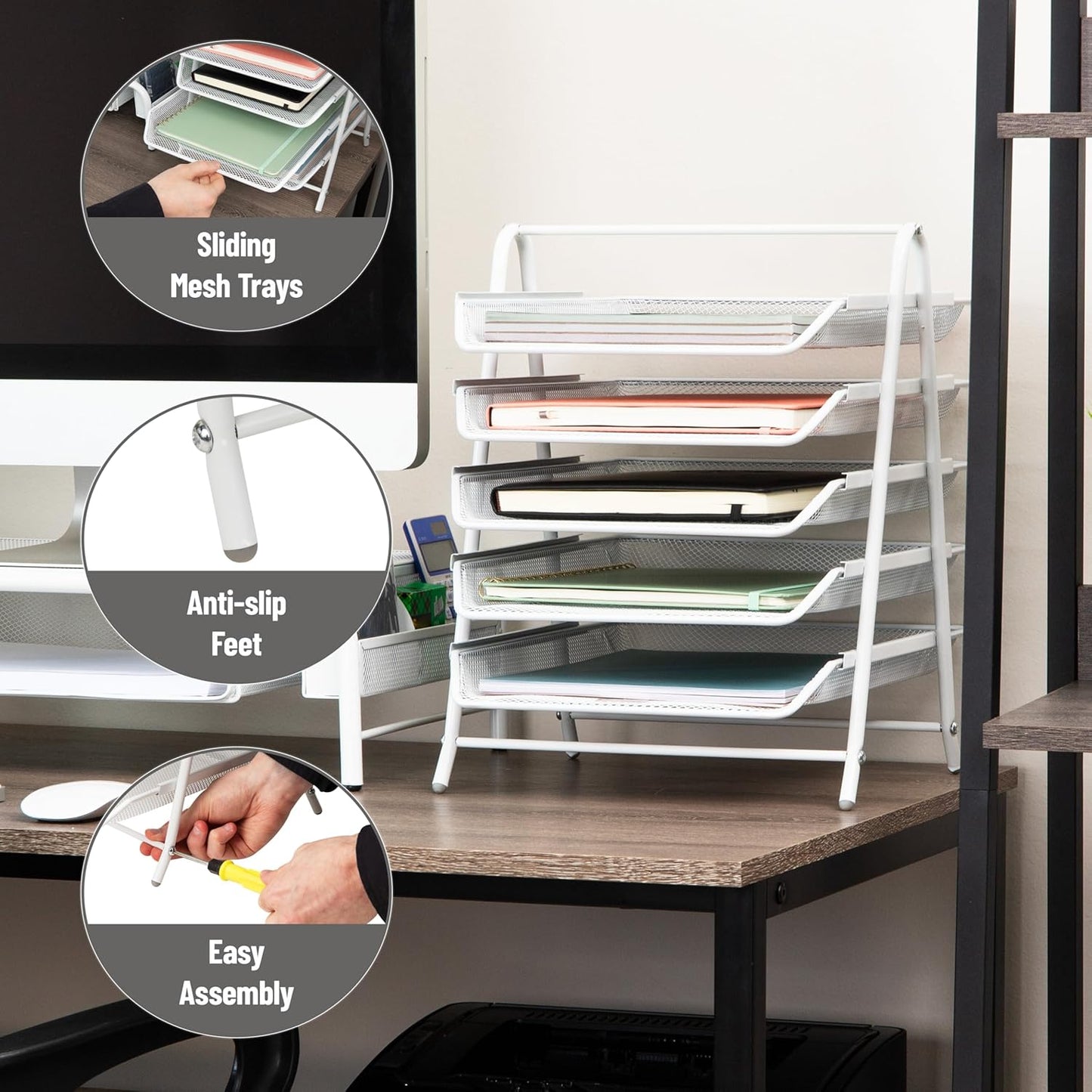 Mind Reader 5-Tier Paper Tray Organizer, Vertical Desktop File Storage Rack, Office, Metal Mesh, Black