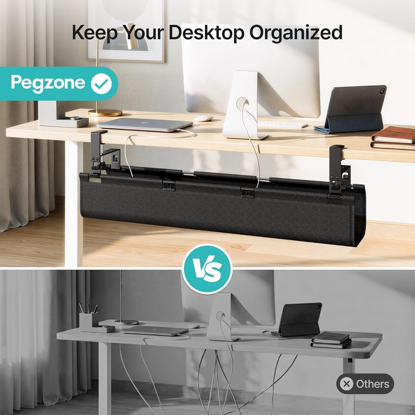 PEGZONE No Drill Under Desk Cable Management Tray, 31.5" Cord Management Under Desk for Table, Clamp Mount Desk Cable Management, Premium Fabric Wire Management Tray for Office, Home