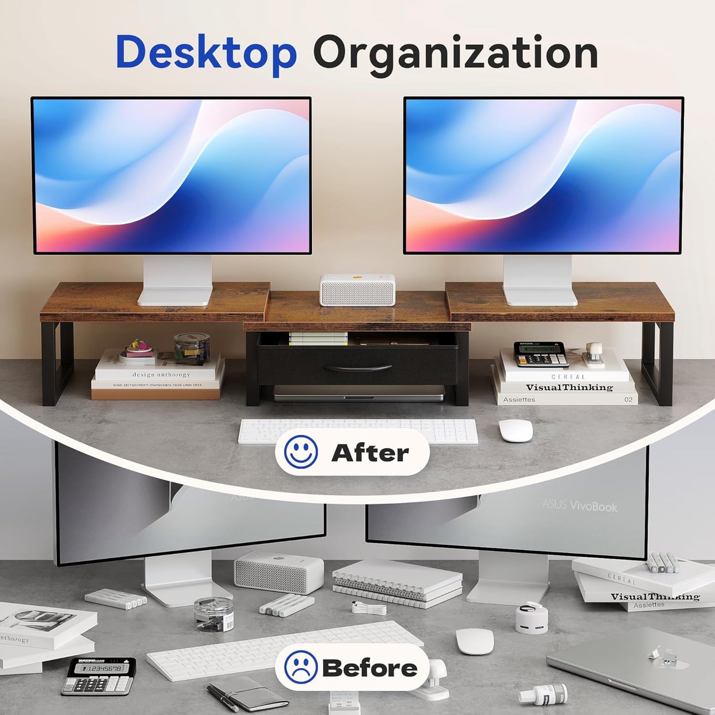 Dual Monitor Stand Riser, Desk Organizers and Accessories with Drawer, Computer Monitor Stands for Desk, Adjustable Desktop Shelf for PC Laptop Printer TV, Black