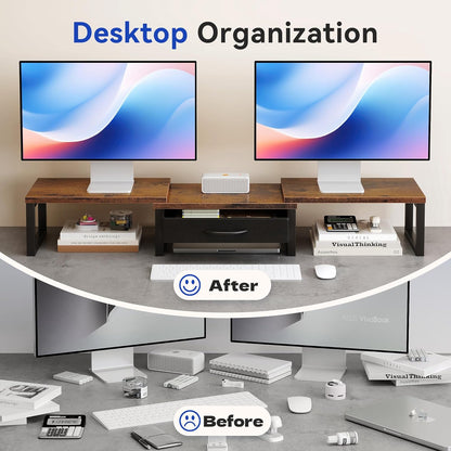 Dual Monitor Stand Riser, Desk Organizers and Accessories with Drawer, Computer Monitor Stands for Desk, Adjustable Desktop Shelf for PC Laptop Printer TV, Black