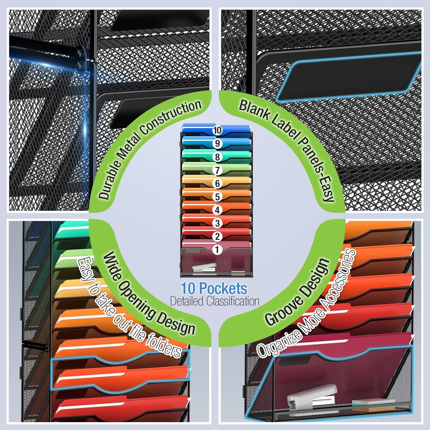 MINDEPOT 7-Tier Wall Hanging File Organizer Cubicle Hanging Organizer Mount File Holder, Mesh Magazine Document Mail Organizer Wall Organizer for Office School Home, Black