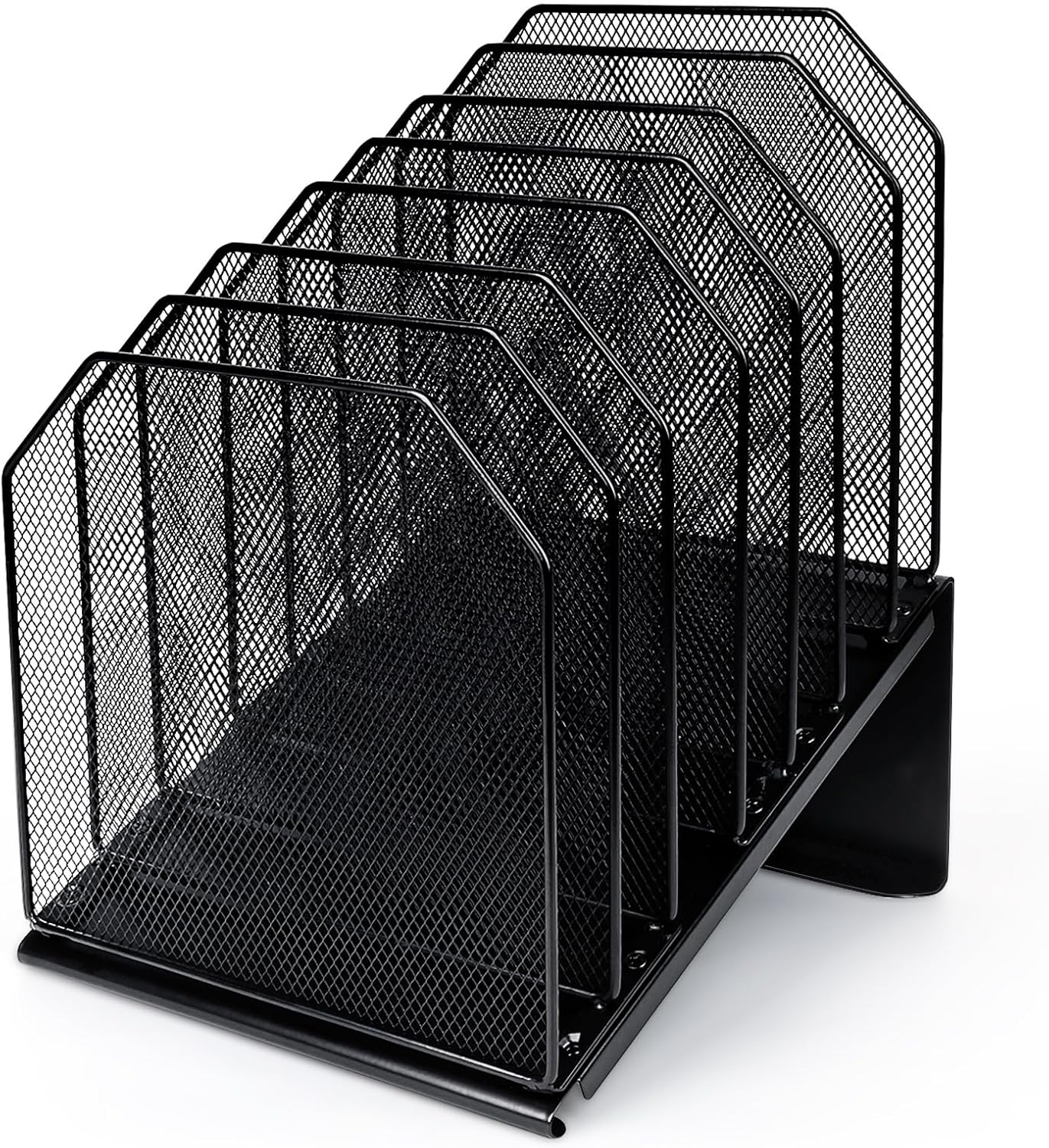 SUMMORO Inclined File Organizer for Desk, 7-Section Vertical File Folder Holder Office Desk Organizer Metal Rack File Wire Mesh Desktop Document Sorter for Office School Classroom Home (Black)