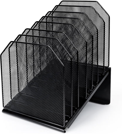SUMMORO Inclined File Organizer for Desk, 7-Section Vertical File Folder Holder Office Desk Organizer Metal Rack File Wire Mesh Desktop Document Sorter for Office School Classroom Home (Black)