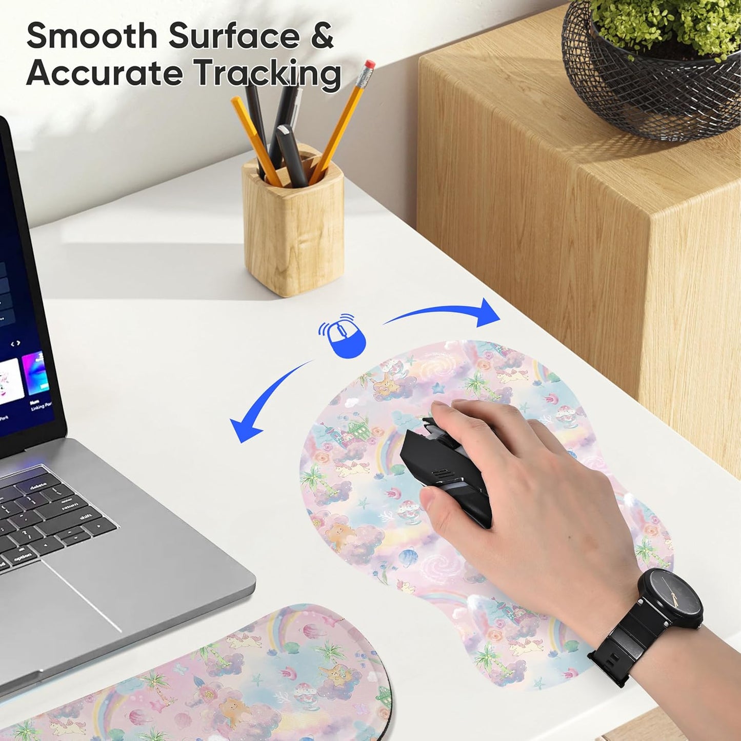 Wrist Rest Support for Mouse Pad Keyboard Set Circle Coaster Gaming Mouse Pad Ergonomic Gel Memory Foam Set for Computer, Laptop, Office, Pain Relief, Comfortably Typing Flowers KM-39