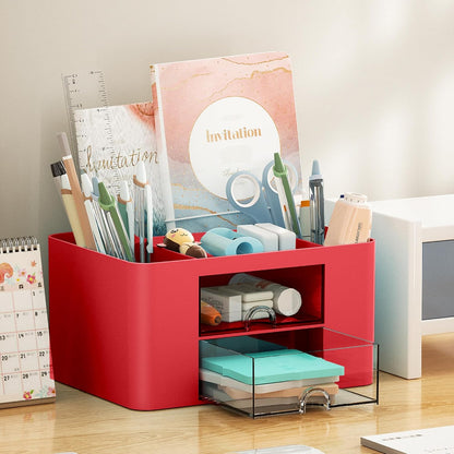 Marbrasse Pen Organizer with 2 Drawer, Multi-Functional Pencil Holder for Desk, Desk Organizers and Accessories with 5 Compartments + Drawer for Office Art Supplies (White)