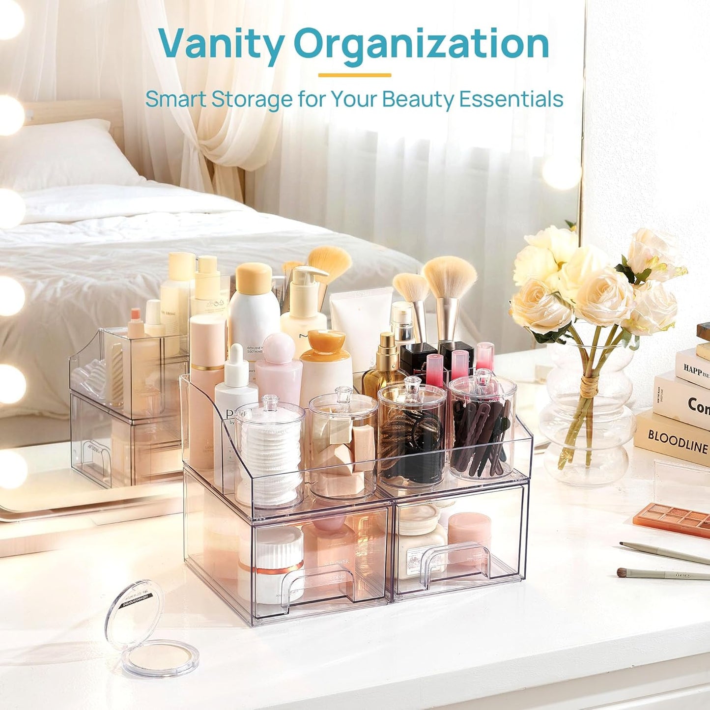 Vtopmart 6 PCS Bathroom Countertop Organizer, 1 Divided Tray with 4 Qtip Holder Jars and 1 Drawers, Restroom Clear Organizers for Toothbrush, Cotton Pads, Vanity Accessories Storage Set