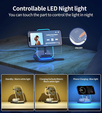 3 in 1 Magnetic Wireless Charging Station for Apple Devices, Fast Foldable Travel Mag-Safe Charger Stand with Night Light for iPhone 17 16 15 14 13 12 Series, Apple Watch/AirPods Pro, BU