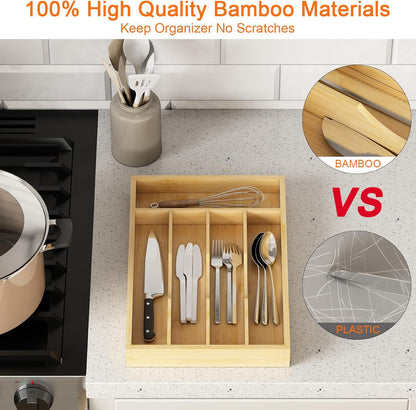 Youpehom Bamboo Utensil Organizer for Kitchen Drawers, Expandable Utensil Tray and Cutlery Silverware Holder,Wood Drawer Dividers with 7 Adjustable Slots