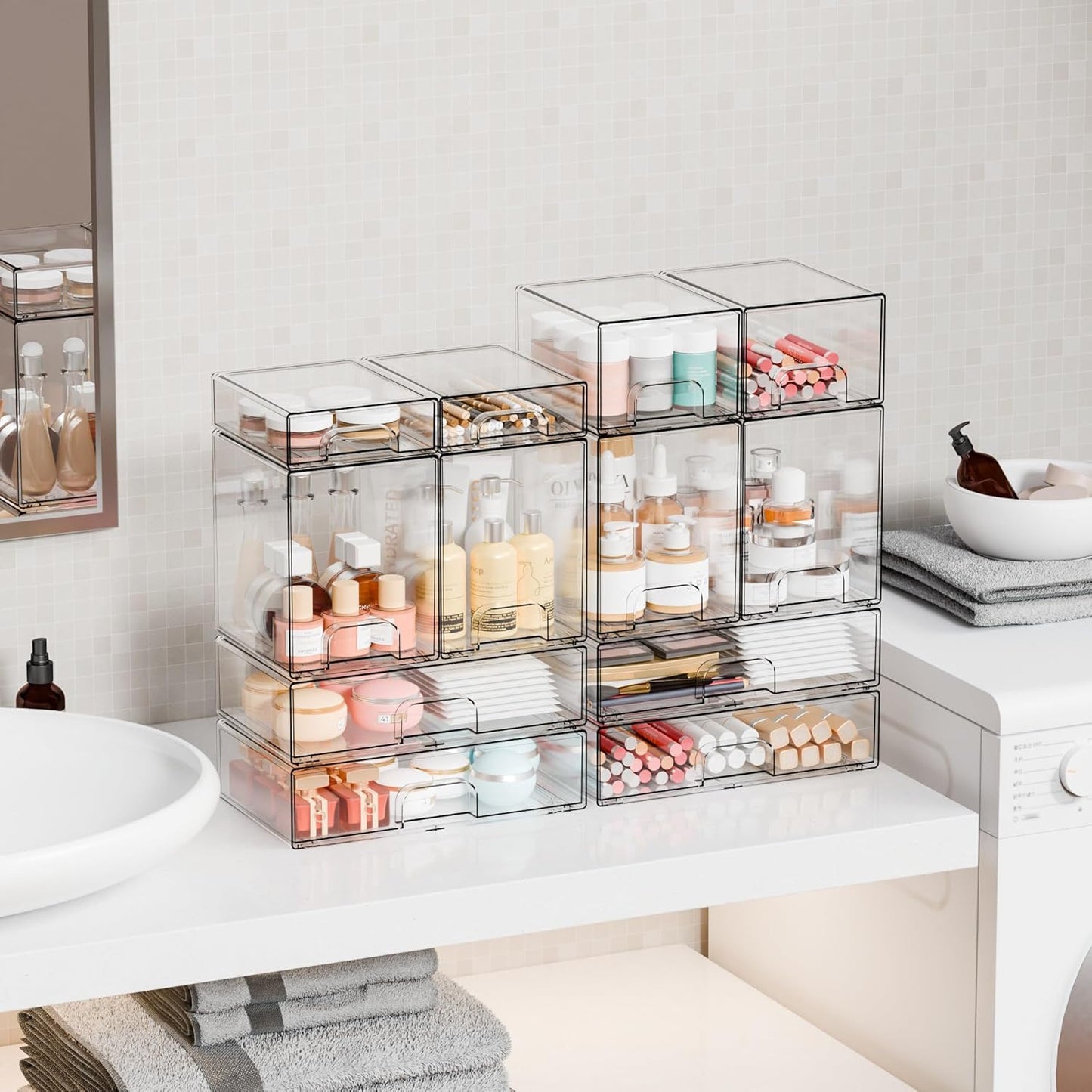 Yieach Clear Stackable Storage Drawers - Set of 6 - Acrylic Drawers,Bathroom Organizer Bin and Plastic Makeup Organizer,Clear Stacking Brightroom Storage Boxes for Vanity,Cabinet,Pantry Organization