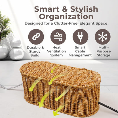 Cable Management Box, Handmade Rattan Cable Organizer with 2 Open Slots, Cord Hider for Power Strip, Router & USB Hub, Registered U.S. Design Patent (D1,112,102), 13" x 5.1" x 5.1", Natural