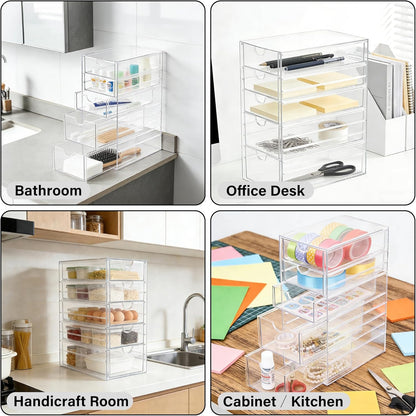 Prsildan Acrylic Makeup Organizer, 2 Pack Stackable Storage Drawers with 6 Drawers for Office Desk Vanity Craft Room Clear Drawer Organizers for Hair Accessories Art Supplies Cosmetics Modular System