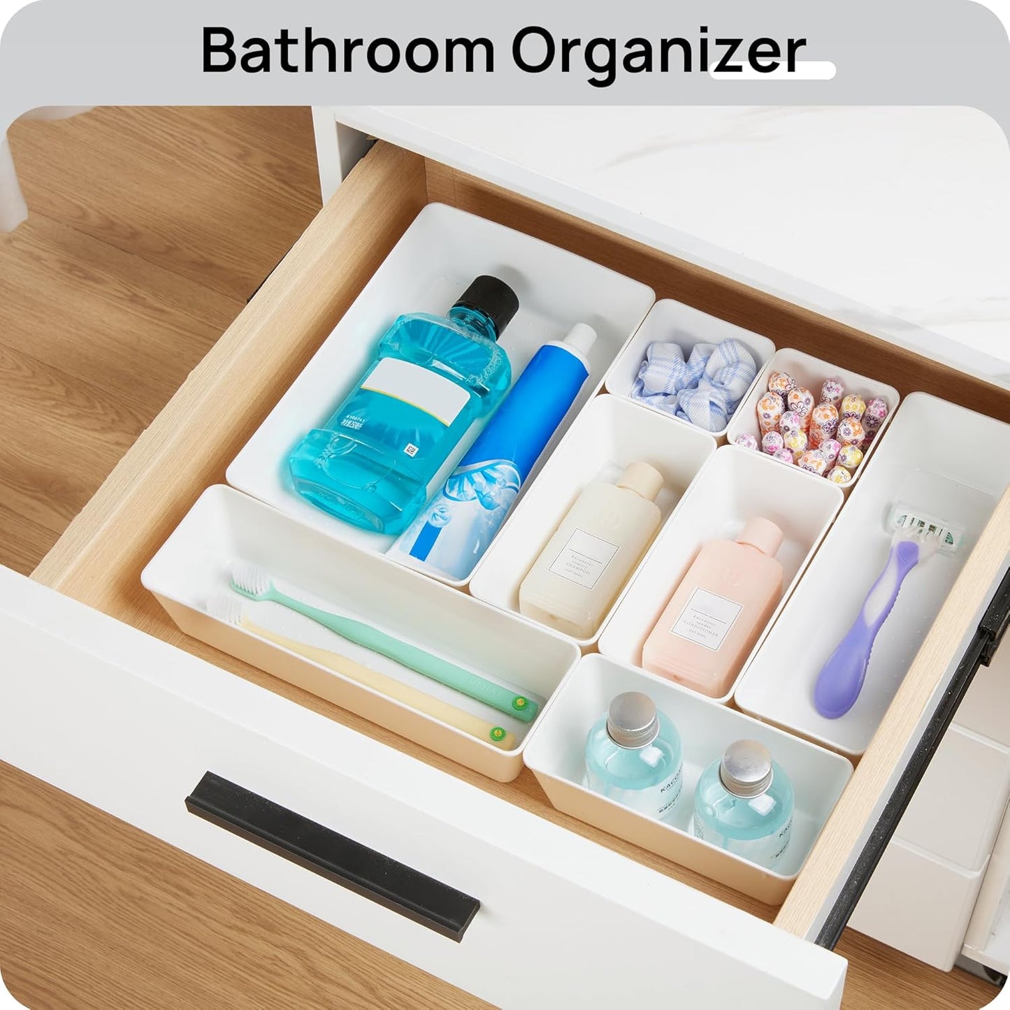 Vtopmart 44 PCS Clear Plastic Drawer Organizers Set, 4-Size Versatile Bathroom and Vanity Organizer Trays, Non-Slip Storage Containers for Makeup, Jewelries, Bedroom，Kitchen Utensils and Office