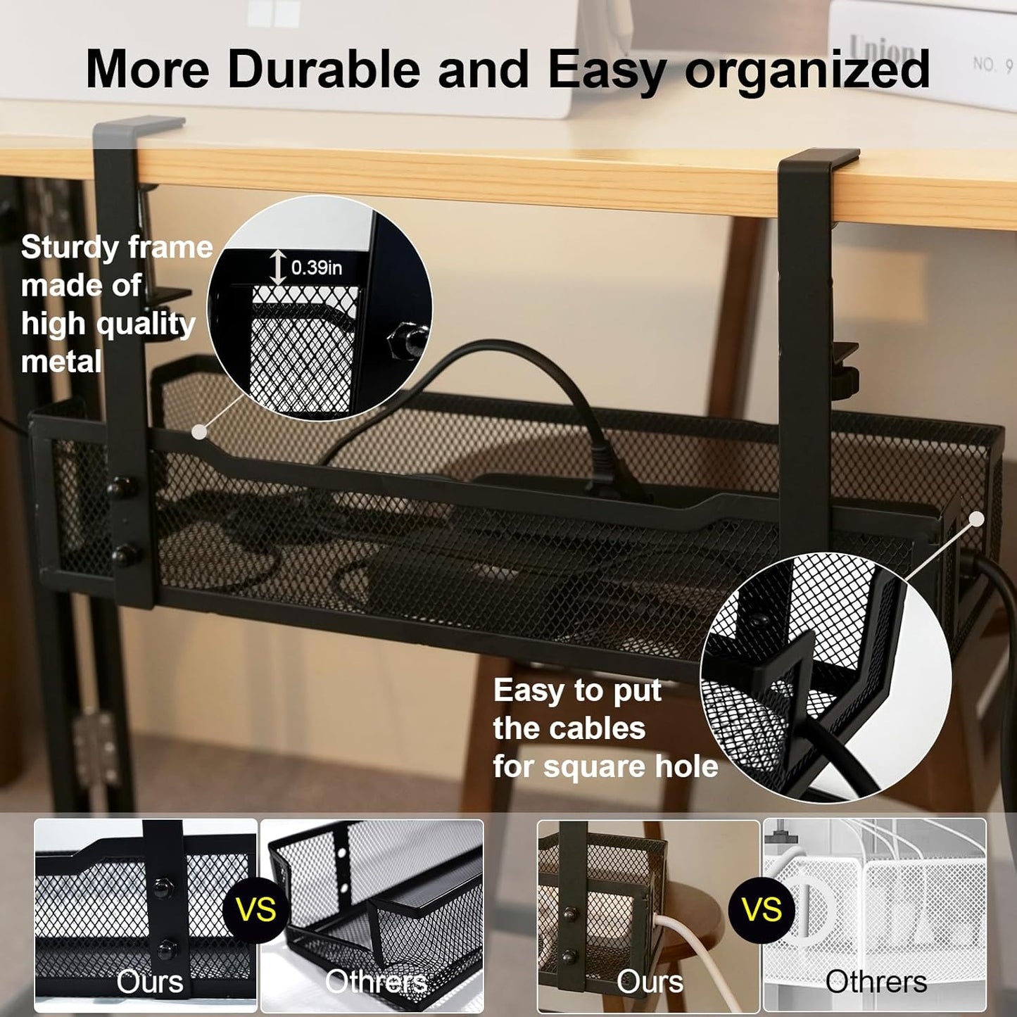 No Drill Under Desk Cable Management Tray with clamp-Premium Wire Tray Cord Organizer – Thin Steel Cable Tray Basket with Charger Holder for Desk–Black Cable Management Box–Easy to Install