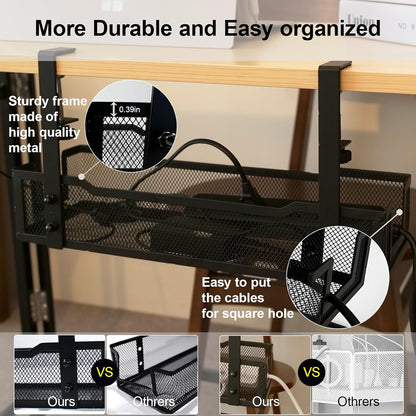 No Drill Under Desk Cable Management Tray with clamp-Premium Wire Tray Cord Organizer – Thin Steel Cable Tray Basket with Charger Holder for Desk–Black Cable Management Box–Easy to Install
