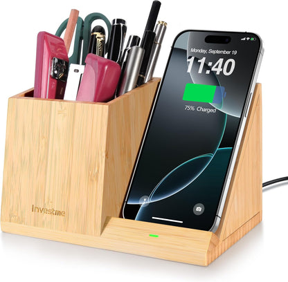 Bamboo Pen Holder with Wireless Charger, Desk Organizer with 5 Compartments for Home Office Supplies Compatible with iPhone & Samsung Series