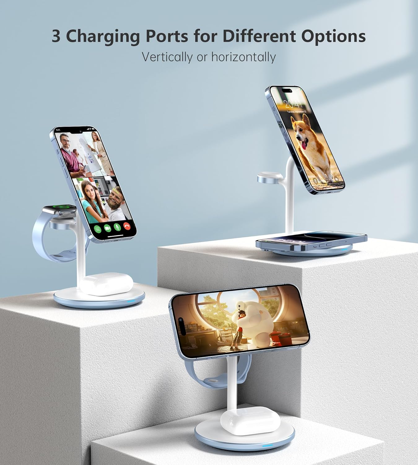 XooFly 3 in 1 Wireless Charging Station for Apple Devices, Fast Wireless Mag-Safe Charger Stand with 20W Adapter for iPhone 17 16 15 14 13 12 Pro Max/Air/Plus/Pro,iWatch,AirPods-Gift for Wife&Husband