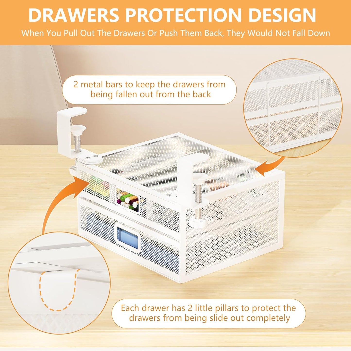 Under Desk Drawer Organizer with 2 Slide Out Drawers – No Drilling Metal Clamp-On Storage, Anti-Slip Desk Drawer Attachment for Home & Office Desktop Organization (White)