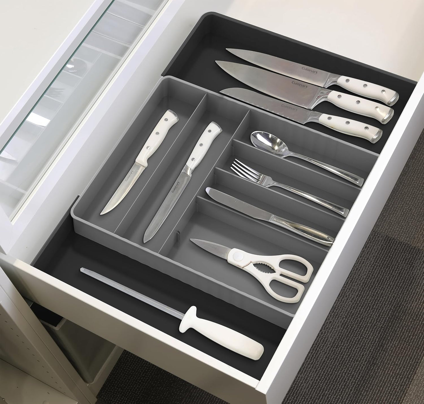 Simple Houseware Expandable & Adjustable Cutlery Drawer Organizer - Large Utensil and Flatware Tray for Kitchen Drawers, White