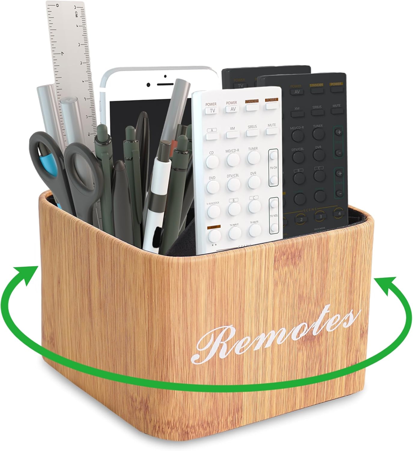 Hennaja Round Leather Art Supply Organizer,Remote Control Holder,360 Degree Rotating,Multi-Functional Pencil Holder,4 Compartments Desktop Stationary Organizer(1-Blue Bird) - Colors C