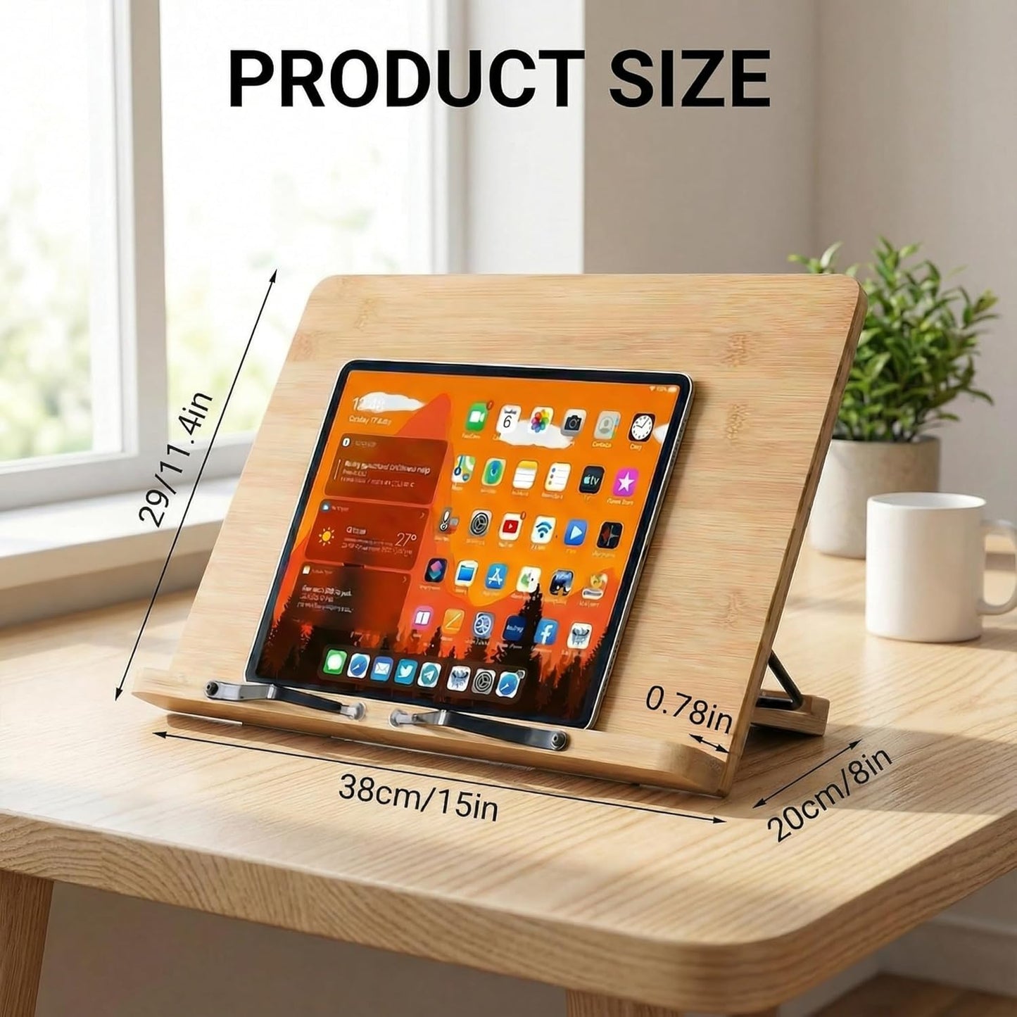 Bamboo Adjustable Book Stand, Stable and Portable Stable Hard Holder Stand for Reading Book, Bible, Textbooks Cookbooks Tablets (Large)