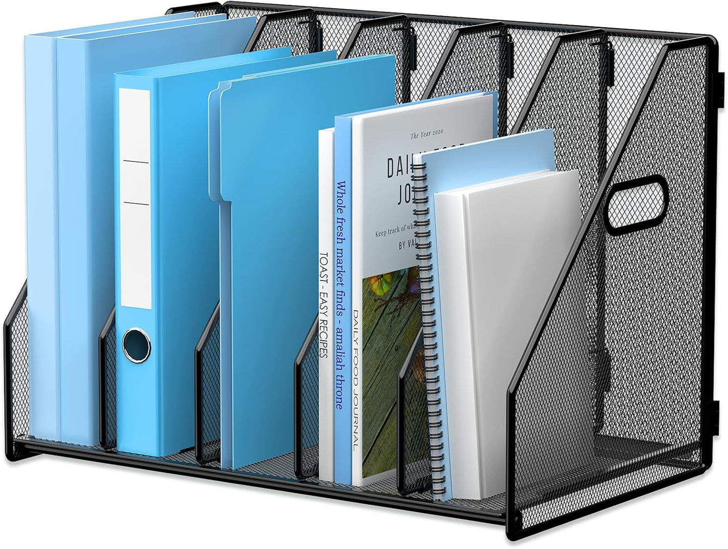 MINDEPOT Desk File Organizer Metal Desk Magazine Folder Holder with 5 Vertical Compartments Rack File Organizer for Office, Home, School, Black