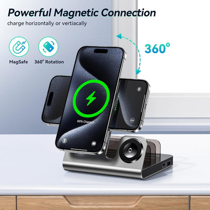 WHJ 5 in 1 Wireless Charging Station for Apple Devices - Mag-Safe Wireless Charger Stand, Magnetic 18W Fast Charger for iPhone 17 Air/16/15/14/13/12 Pro Max, Apple Watch 1-10/Ultra & AirPods(Silver)