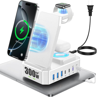 300W Charging Station for Multiple Devices Apple,10 in 1 Wireless Charger for iPhone,GaN III USB C 65W PD Fast Charging Stand Dock for MacBook,iWatch&Airpods (Wireless Charging Only for Apple)