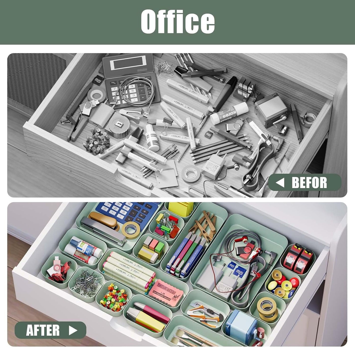 Plastic Drawer Organizers, 10 PCS Drawer Organizer Bins, Bathroom and Vanity Organizer Plastic Tray, Makeup organizer and storage for Makeup, Bedroom, Kitchen Gadgets Utensils and Office (Green)