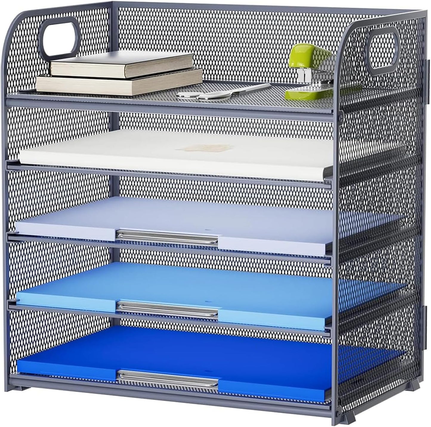 Marbrasse 5-Tier Letter Tray Paper Organizer with Handle, Multi-Functional Mesh File Organizer for Desk, Adjustable Compartments Mesh Desktop Storage for Office Supplies,Black
