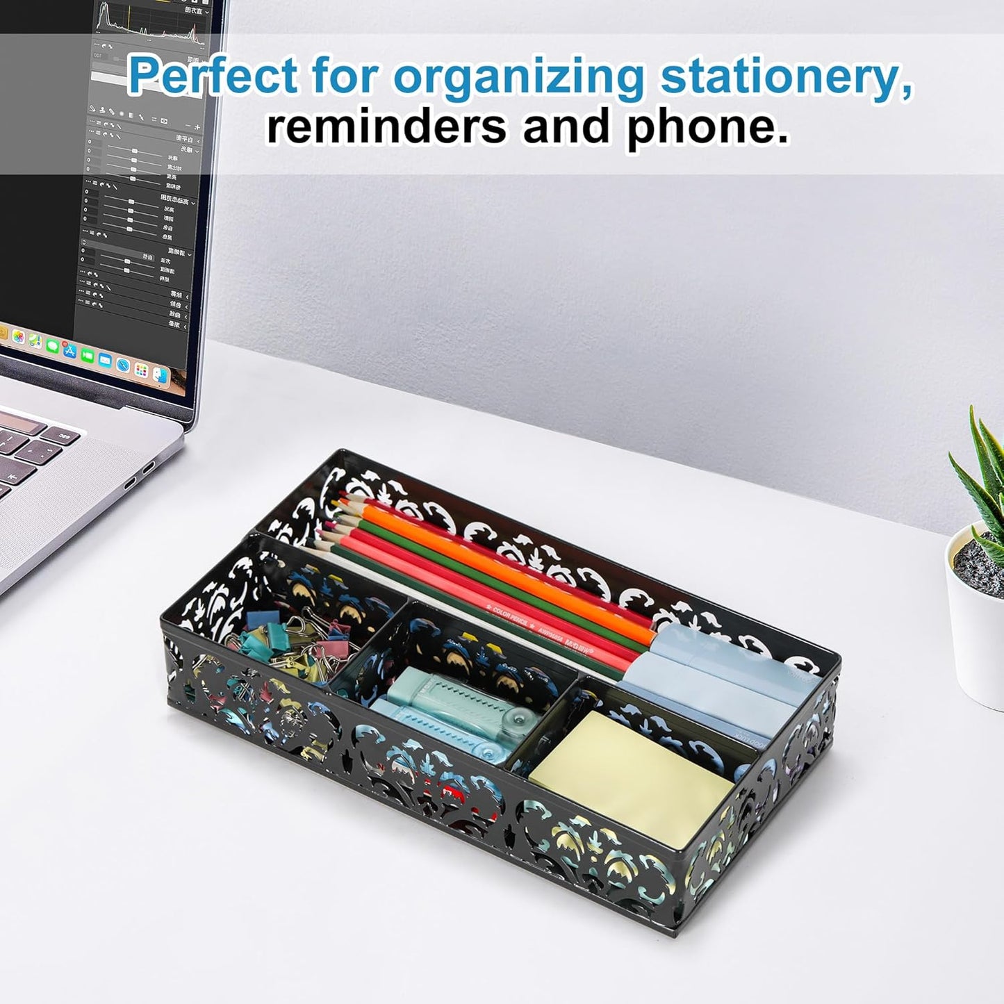 EasyPAG Desk Drawer Organizer with 4 Compartments, Carved Hollow Floral Metal Tray for Office, Jewelry, Cosmetics - No Assembly, Purple