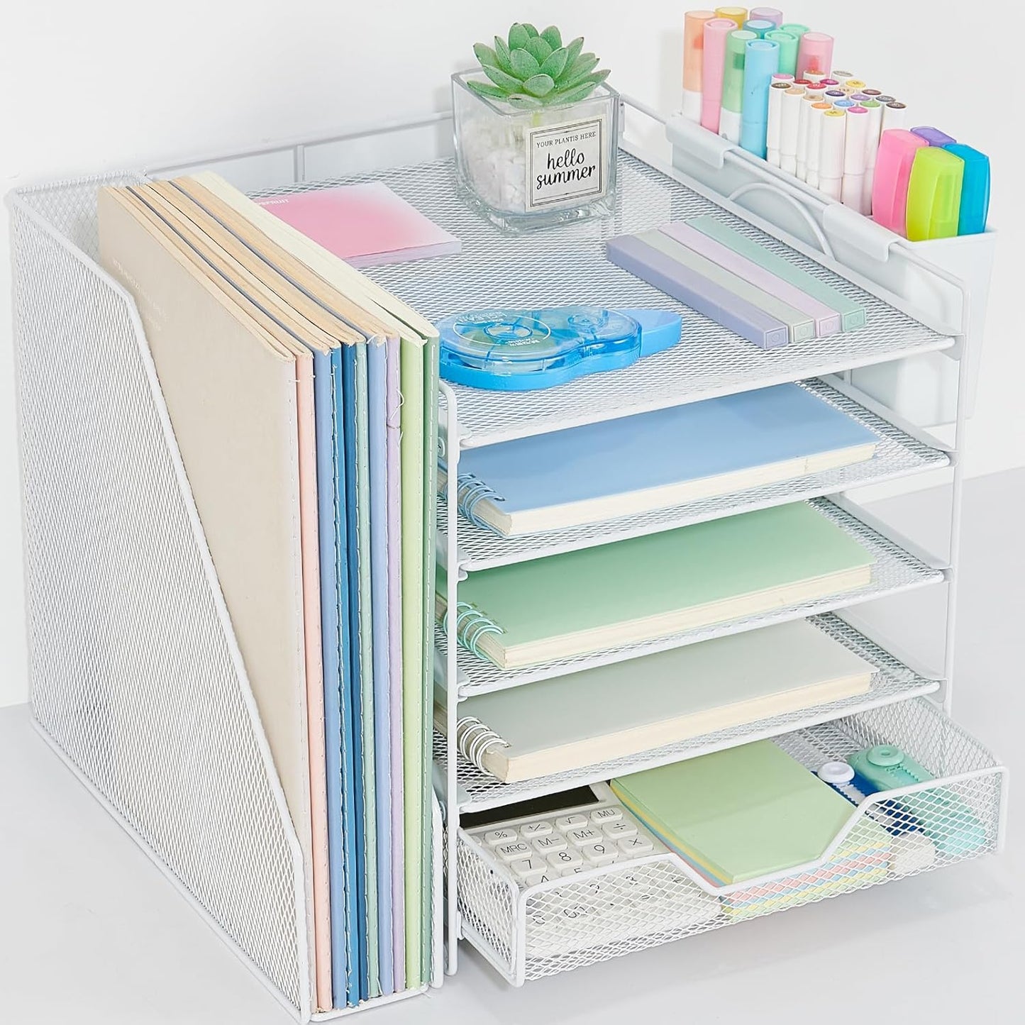 Desk Organizer, 5-Tier Paper Letter Tray Organizer with File Holder, Drawer and Pen Holder, Desktop Organizer for Office Supplies, Black
