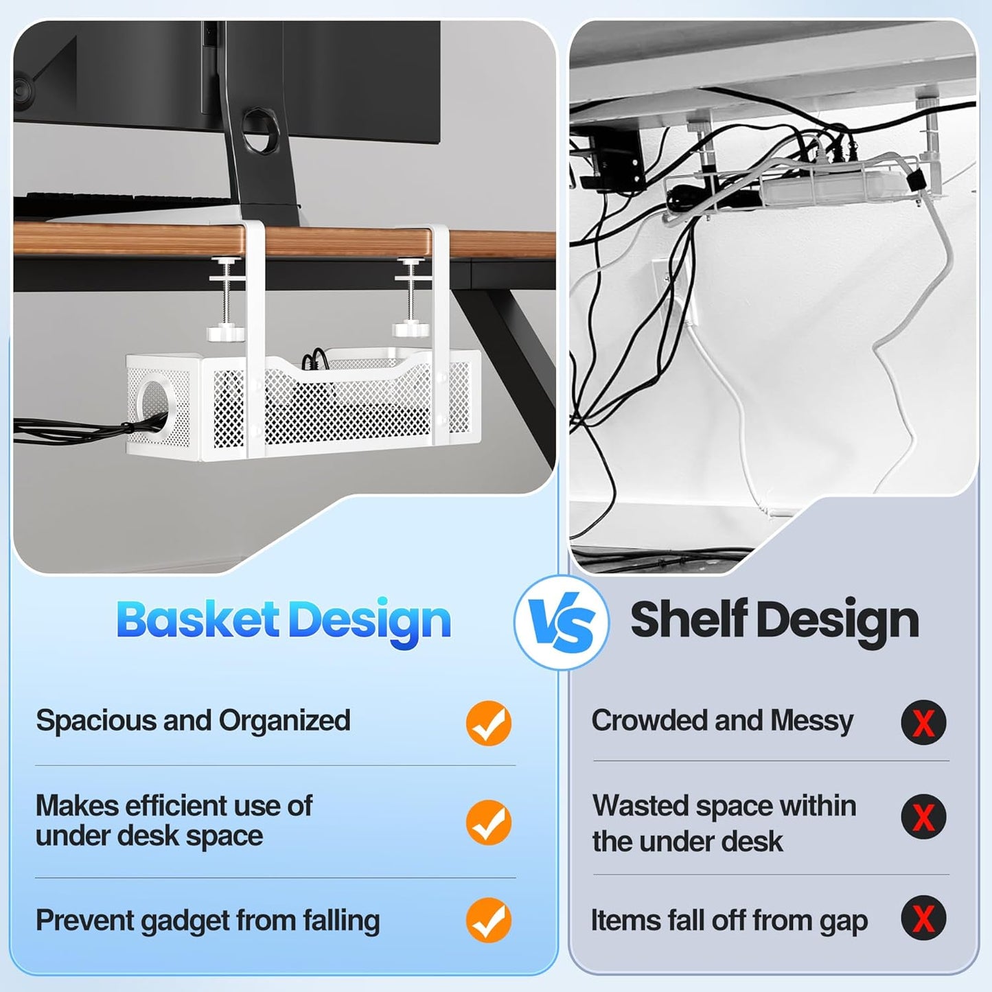 Cable Management Under Desk Tray, No Drill Cable Management Box With Clamp for Wire Organization, Cord Organizer for Office, Home - No Damage to Desk (Black)