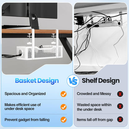 Cable Management Under Desk Tray, No Drill Cable Management Box With Clamp for Wire Organization, Cord Organizer for Office, Home - No Damage to Desk (Black)