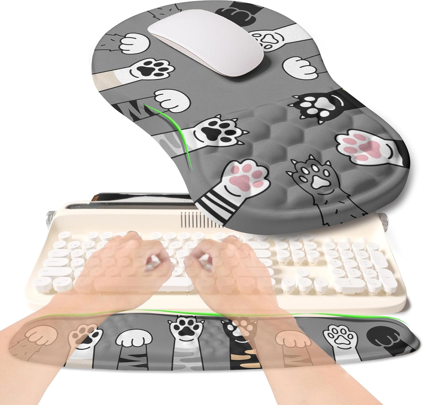 2-in-1 Ergonomic Set, Wave Rise Keyboard Wrist Rest and Massage Bulge Slope Mouse Pad Wrist Support, Cushion Memory Foam Integrated to Relieve Wrist Pain, Black
