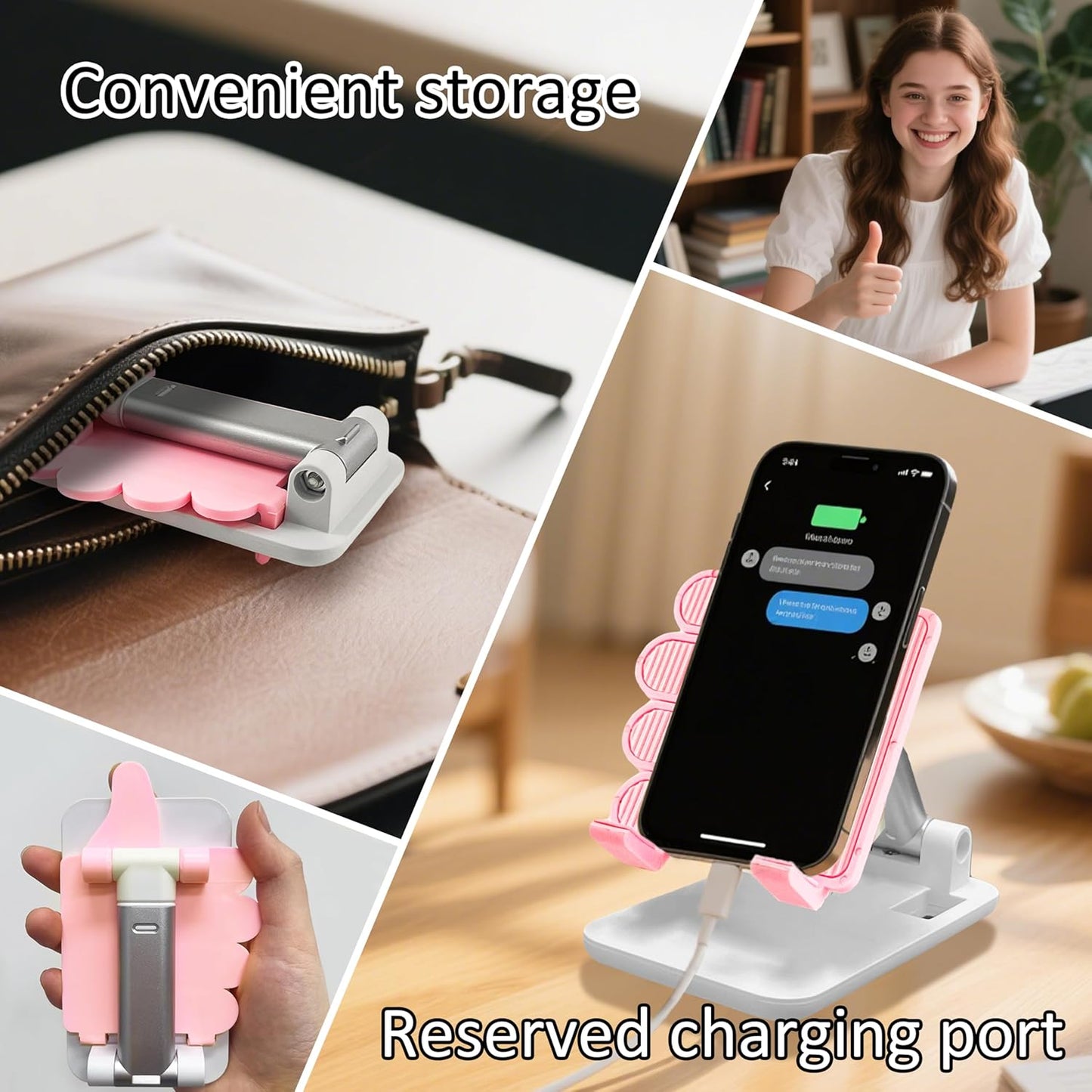 Mother's Day Foldable Cell Phone Stand Non-Slip,Thumbs Up Adjustable Phone Holder with Silicone，Portable Phone Stand for Desktop Compatible with All Mobile Phones (Pink)