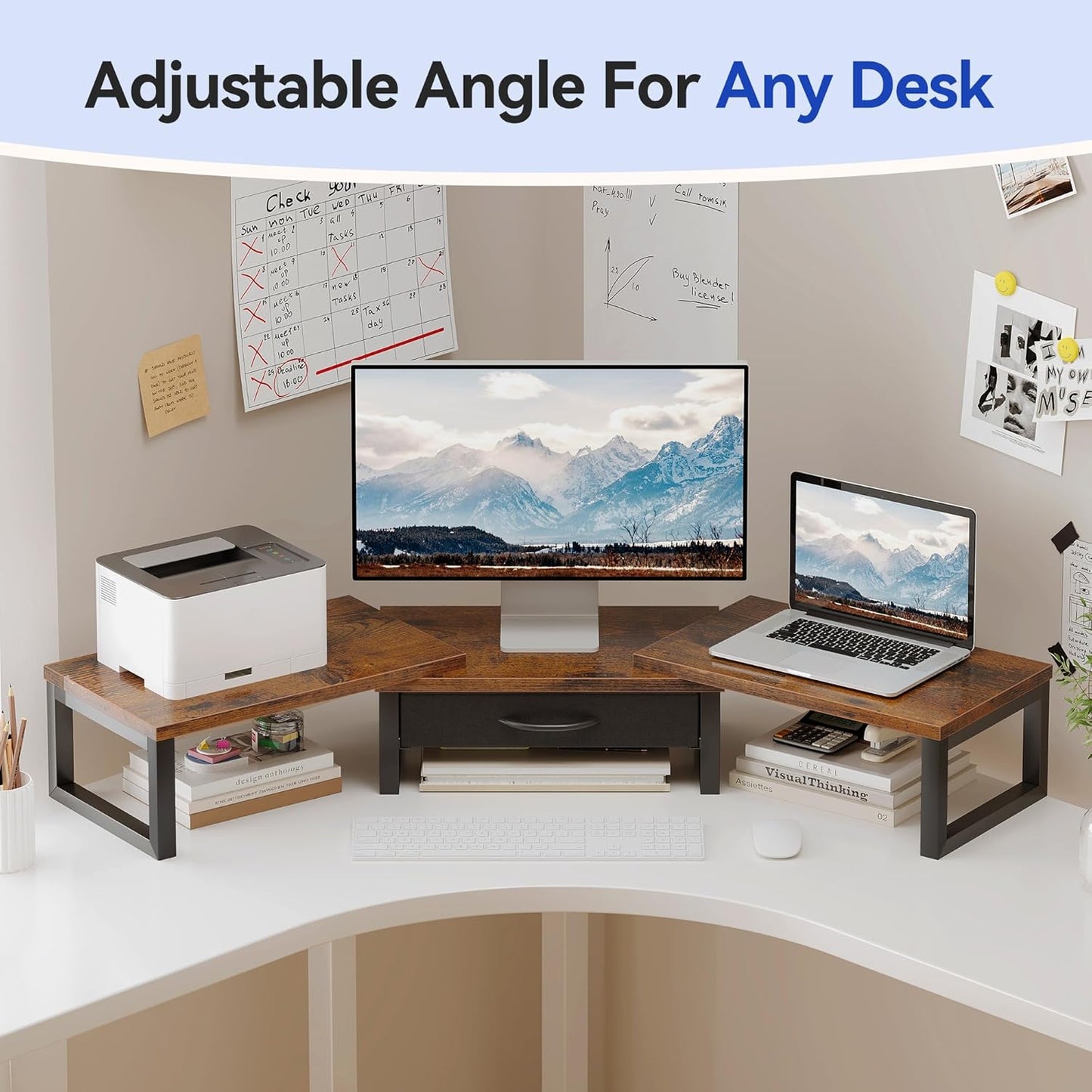 Dual Monitor Stand Riser, Desk Organizers and Accessories with Drawer, Computer Monitor Stands for Desk, Adjustable Desktop Shelf for PC Laptop Printer TV, Black