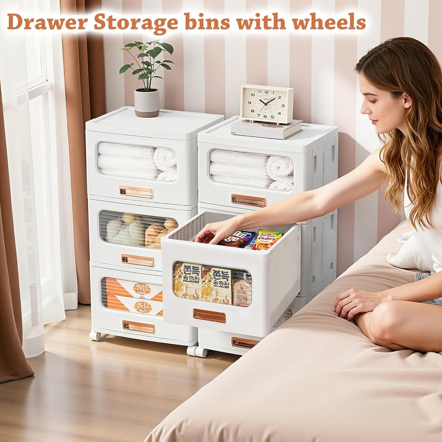 VECELO Plastic Storage Cabinet with Drawers, Stackable Storage Bins with Wheels, Waterproof Bathroom Storage Organizer, Multi-Tier Closet Storage for Bedroom, Living Room, Kitchen, Large 2-Tier