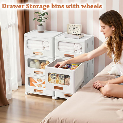 VECELO Plastic Storage Cabinet with Drawers, Stackable Storage Bins with Wheels, Waterproof Bathroom Storage Organizer, Multi-Tier Closet Storage for Bedroom, Living Room, Kitchen, Large 2-Tier