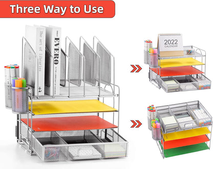 Marbrasse Desk Organizer with Drawer, 4-Tier Mesh File Organizer with 5 Vertical File Holders and 2 Pen Holders, Multifunction Desktop Organizer,Desk Organizers and Accessories for Home Office