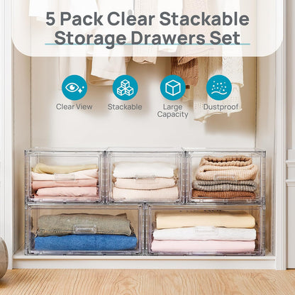 Vtopmart 2 Pack Large Clear Stackable Storage Drawers 27QT, Easily Assemble Plastic Closet Storage Bins, Dust-Proof UnderBed Organizer for Clothing, Sweater Organization