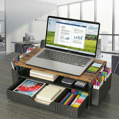 ECOLOVI Desk Organizer and Accessories, 2-Tier Computer Monitor Stand Rise with Storage Drawer & 2 Pen Holders, Laptop & Printer Stand for Desktop, Workspace Organizers for Office Supplies (Blue)