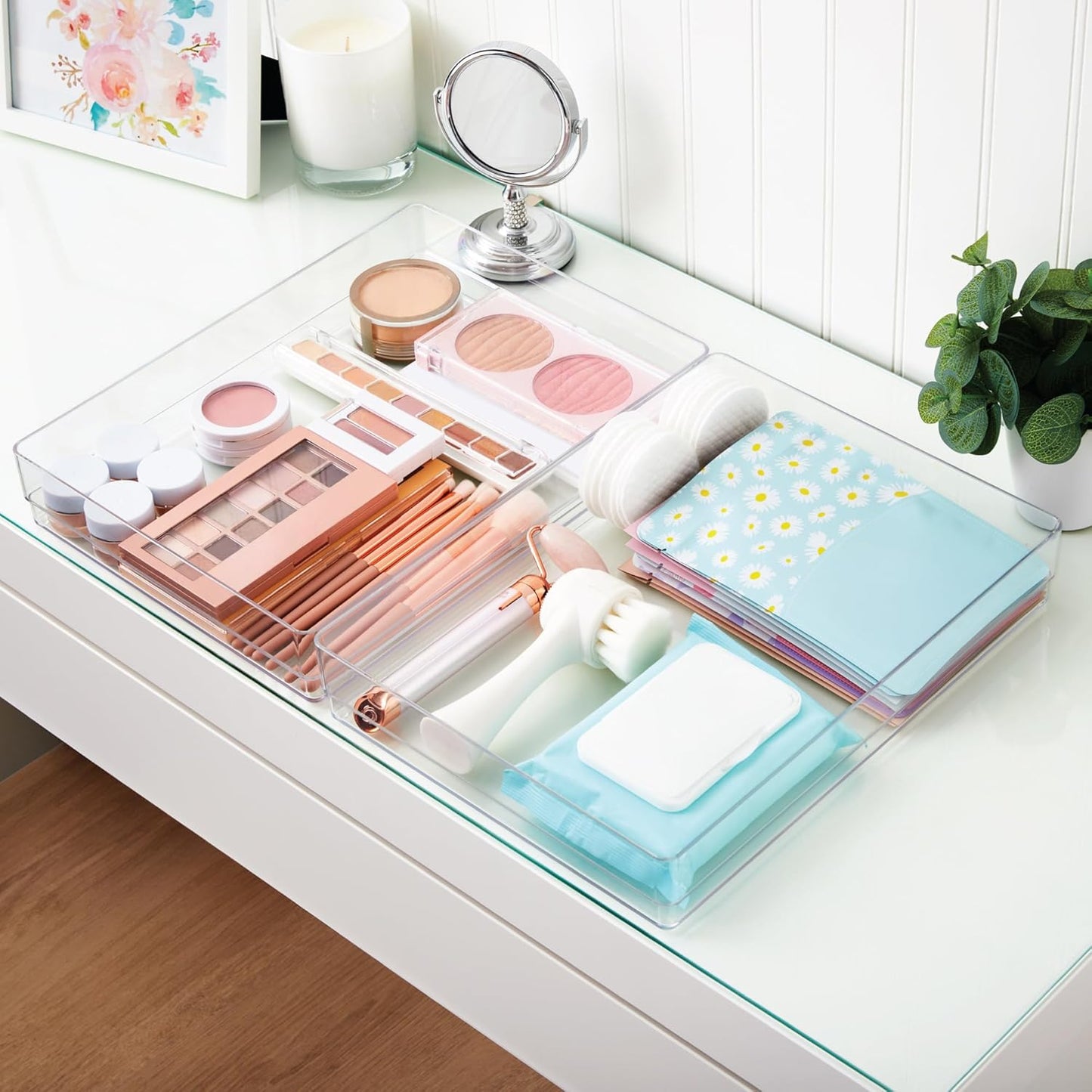 STORi SimpleSort 3-Piece Stackable Clear Drawer Organizer Set | 9" x 6" x 2" Rectangle Trays | Wide Makeup Vanity Storage Bins and Office Desk Drawer Dividers | Made in USA